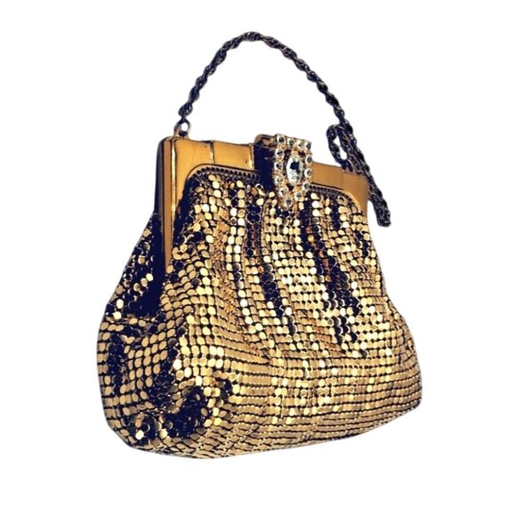 Whiting & Davis Vintage Bag Gold Mesh Evening Handbag With Rhinestone Clasp & Ch - Picture 2 of 10